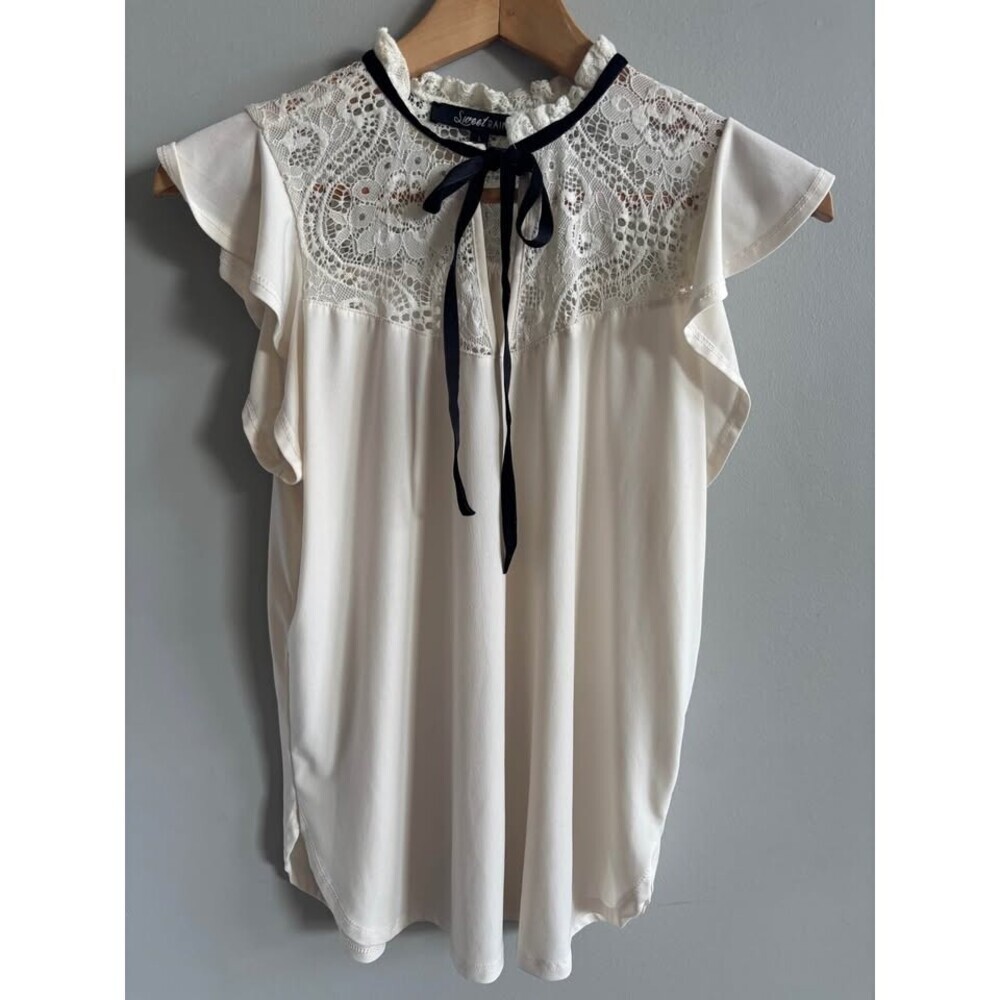 Sweet Rain Ivory Lace Mock Neck Blouse Flutter Sleeve Black Ribbon Tie LARGE